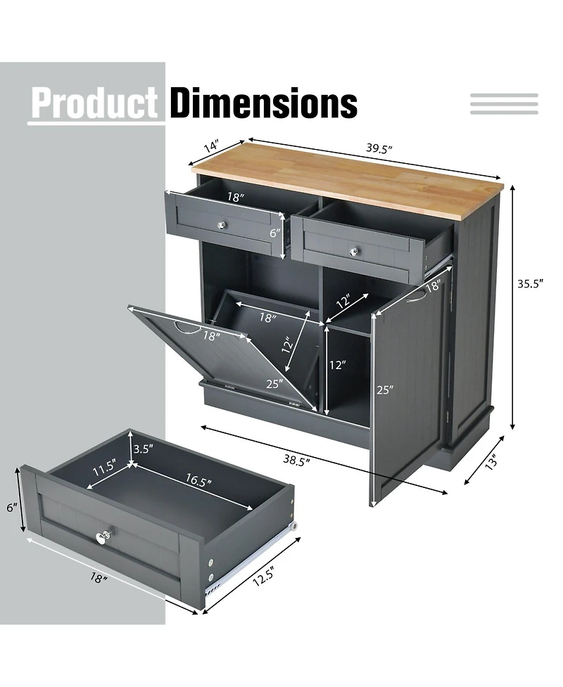 Rubber Wood Kitchen Trash Cabinet with Single Trash Can Holder and Adjustable Shelf