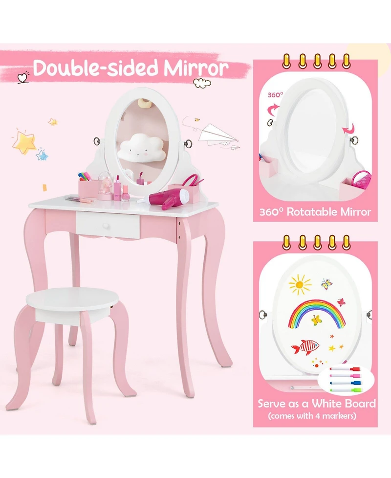 Pretend Kids Vanity Set with 360° Rotatable Mirror and Play Accessories