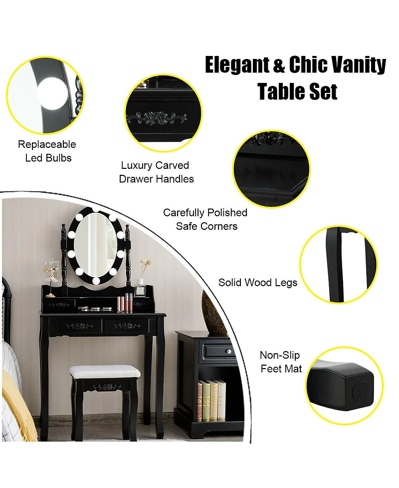 Makeup Dressing Table with Touch Switch Lighted Mirror and Cushioned Stool