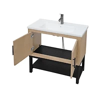 Casainc 36" Bathroom Vanity with White Ceramic Sink & Faucet,Freestanding Bathroom Cabinet with 2 Storage Doors and Open iron Shelf