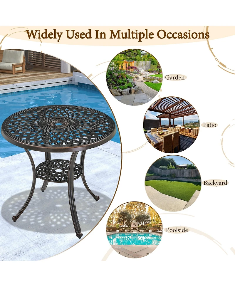 30 Inches Outdoor Dining Table with Umbrella Hole Cast Aluminium Patio Bistro Round Table, Bronze