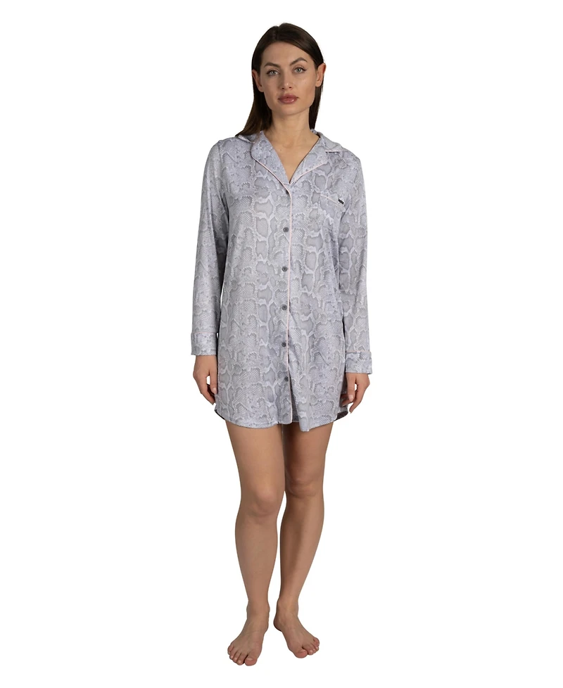 Tahari Women's Long Sleeve Button Up Notch Collar Nightshirt with Piping and Pocket