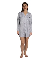 Tahari Women's Long Sleeve Button Up Notch Collar Nightshirt with Piping and Pocket