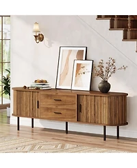Tribesigns 70" Mid-Century Modern Tv Stand for 75" Tv, Fluted Entertainment Center with Sliding Tambour Doors, Drawers and Adjustable Shelves, Walnut