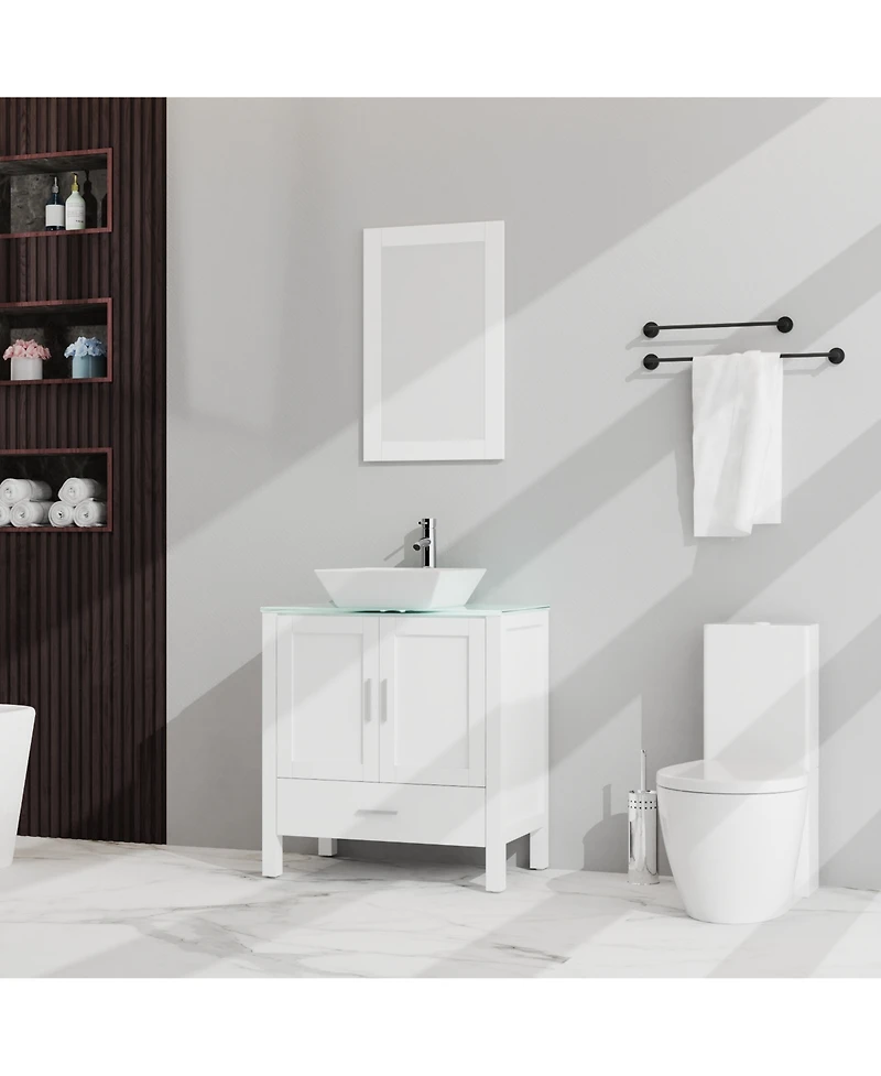 Casainc 30" White Bathroom Vanity and Sink Combo Glass Top Cabinet With Mirror
