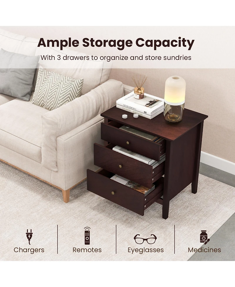 3 Drawers Nightstand Beside End Side Table Accent Table