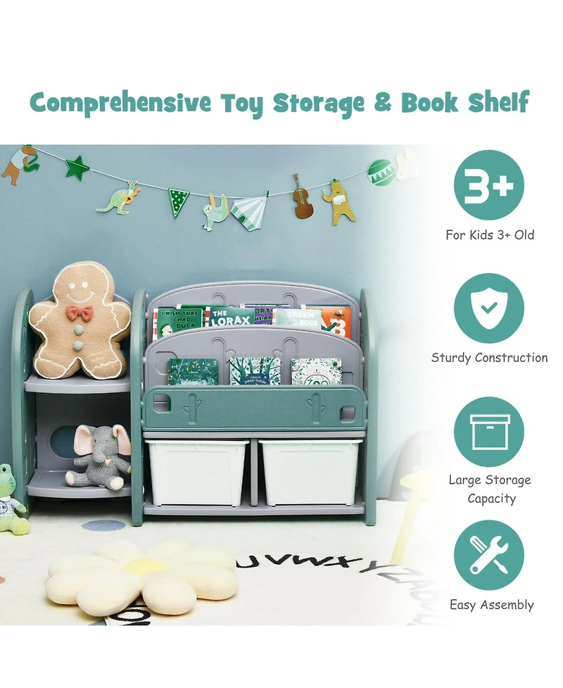 Kids Toy Storage Organizer with 2-Tier Bookshelf and Plastic Bins
