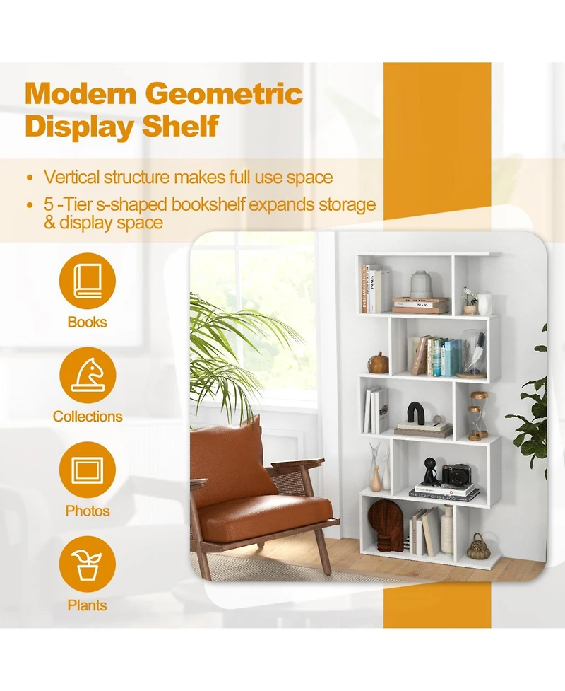 5-Tier Bookshelf with Anti-Toppling Device for Living Room Home Office
