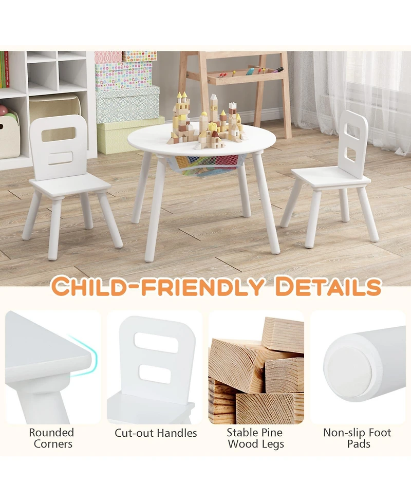 Wood Activity Kids Table and Chair Set with Center Mesh Storage