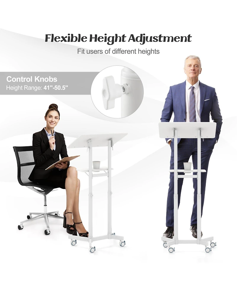 Mobile Lectern Podium Height-adjustable Rolling Laptop Cart with Tilting Top Storage Tray