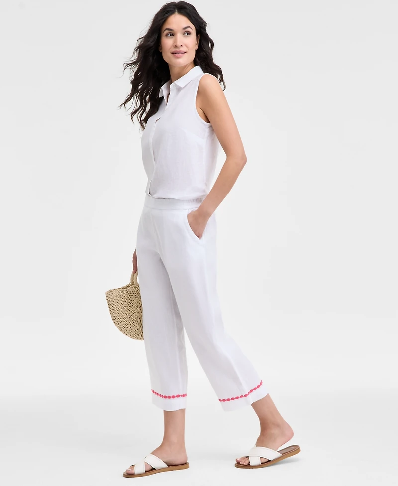 Charter Club Women's Linen Embroidered Cropped Pants, Exclusively at Macy's