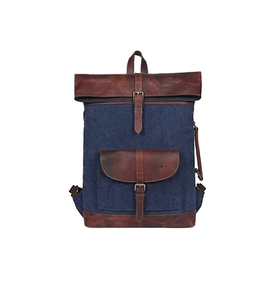 Vintage Canvas Roll Top Backpack with Leather Trim, Laptop Compartment, Adjustable Straps & Front Pocket – Stylish and Durable Travel, School o