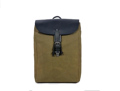 Aaron Leather Goods Waxed Canvas and Leather Flap Backpack with Buckle Closure, Drawstring Top, Laptop Sleeve, Rear Zipper Pocket, and Adjustable Stra