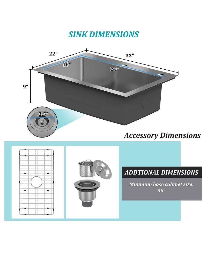 33-Inch Stainless Steel Sink On The Counter Installation Single Grooves With 2 Faucet Holes With Drain Grid And Drainer Thick 18Ga