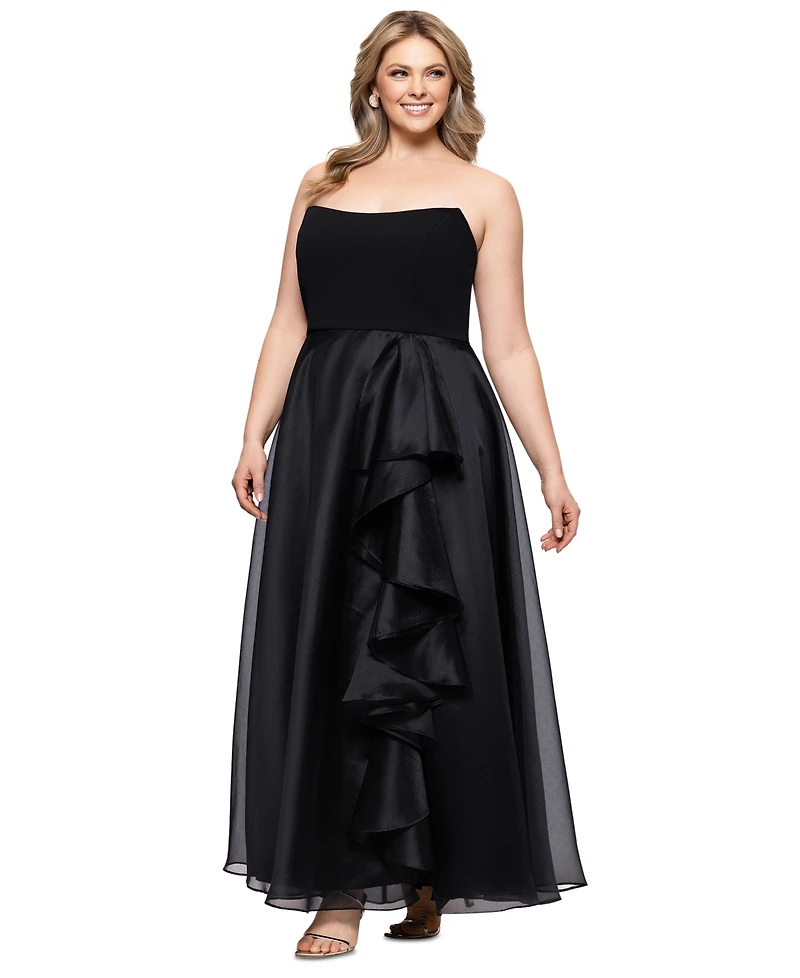 Betsy & Adam Plus Mixed-Material Strapless Ball Gown