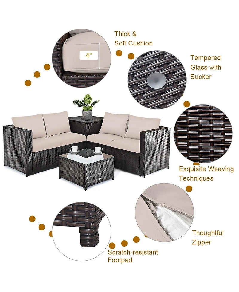 Gymax 5PCS Patio Rattan Furniture Set Fire Pit Table w/ Cover Storage Cushion