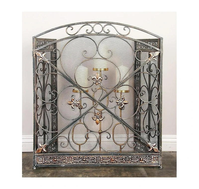 Traditional 3-Panel Fire Screen with Filigree Design for Elegant Fireplace Protection