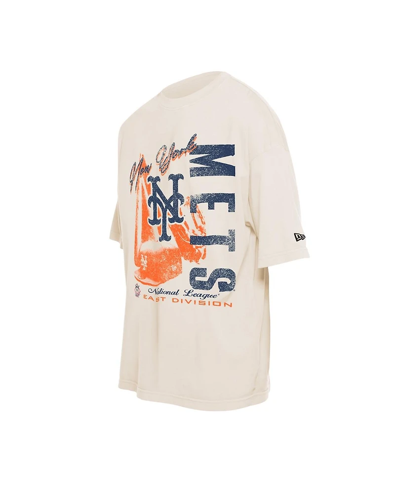 New Era Men's Cream New York Mets Cooperstown Collection Oversized Throwback Distressed T-Shirt