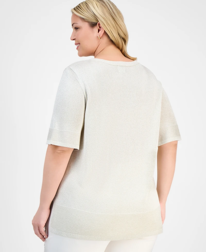 Jm Collection Plus Metallic Shine Elbow-Sleeve Sweater Exclusively at Macy's