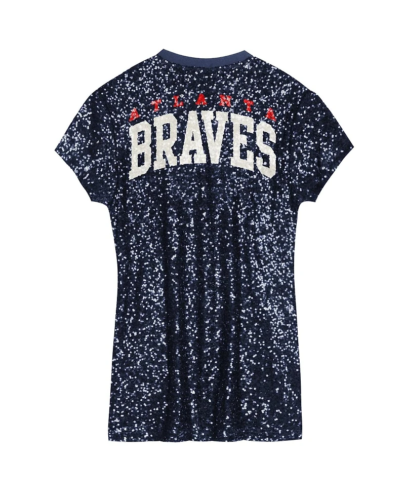 Outerstuff Big Girls Navy Atlanta Braves Sequin V-Neck Dress