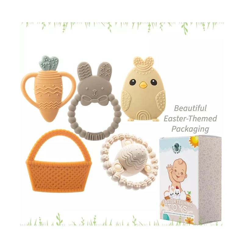 Sperric Toddler Easter Teether Set, Bunny, Carrot, Chicken, Rattle Egg & Basket Teething Toys Cute Teethers Gift Set