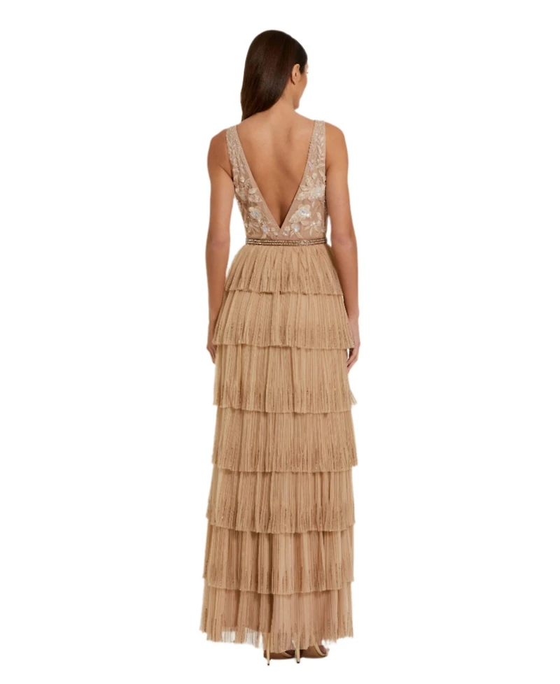 Mac Duggal Women's Beaded Mesh V Neck Gown With Tiered Ruffles
