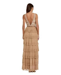Mac Duggal Women's Beaded Mesh V Neck Gown With Tiered Ruffles