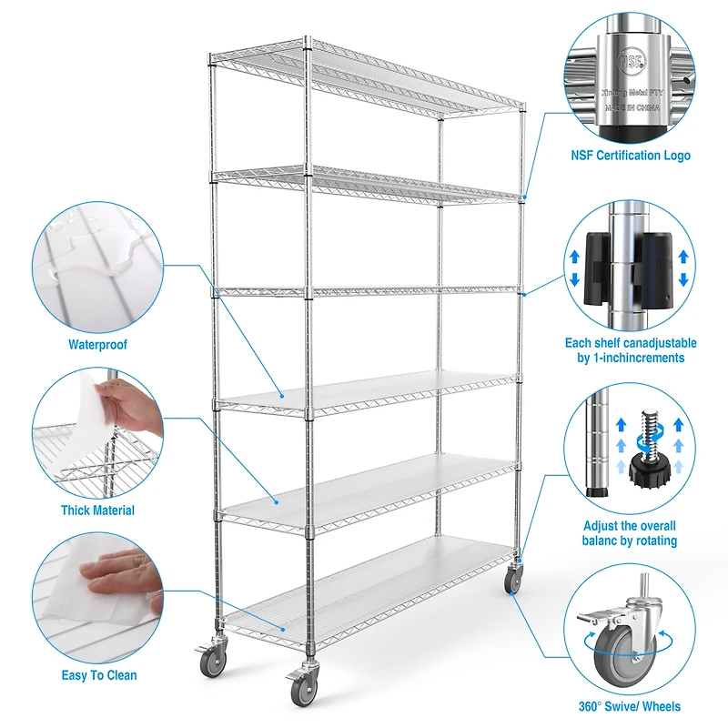 6 Tier Wire Shelving Unit, 6000 Lbs Nsf Height Adjustable Metal Garage Storage Shelves with Wheels, Heavy Duty Storage Wire Rack Metal Shelves