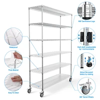 6 Tier Wire Shelving Unit, 6000 Lbs Nsf Height Adjustable Metal Garage Storage Shelves with Wheels, Heavy Duty Storage Wire Rack Metal Shelves