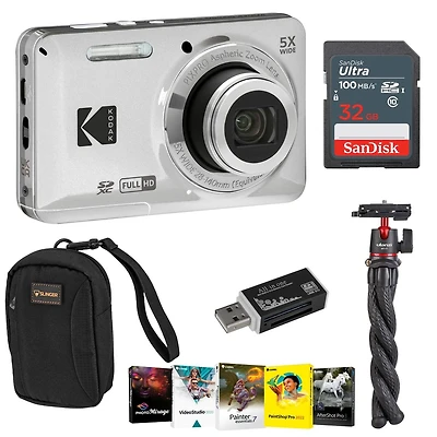 Kodak Pixpro FZ55 Friendly Zoom Digital Camera, Silver, With Sd Card, Camera Bag, Tripod, Photo Editing Software, Sd Card Reader