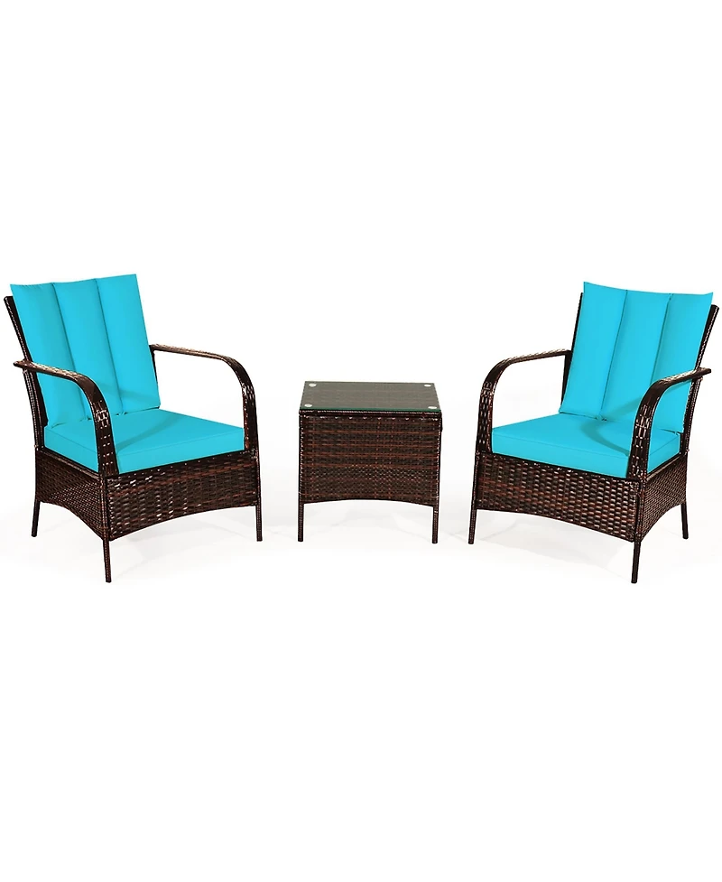 3 Pcs Patio Wicker Rattan Furniture Set Coffee Table & 2 Rattan Chair