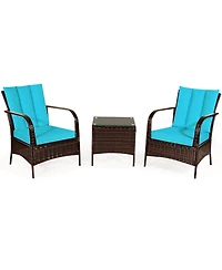 3 Pcs Patio Wicker Rattan Furniture Set Coffee Table & 2 Rattan Chair