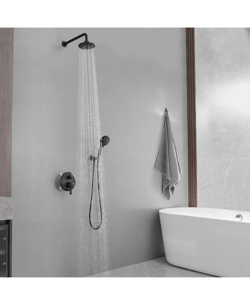 Single-Handle 1-Spray Round Rain Shower Faucet Combo Set with Dual Function Pressure Balance Valve in Matte Black