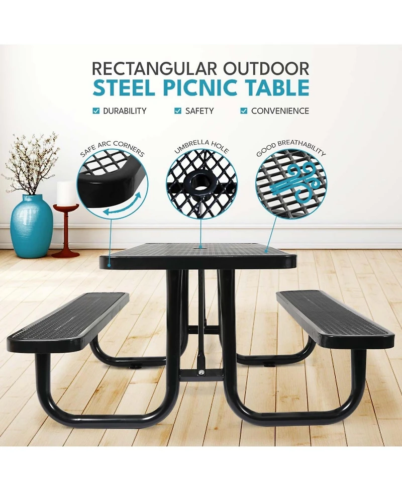 Streamdale 6 ft, Rectangular Outdoor Steel Picnic Table with umbrella pole in Black