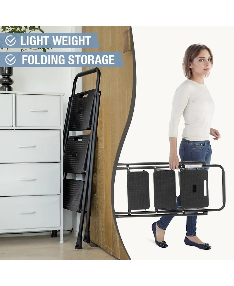 3 Non-slip step ladder, quick folding steel ladder Sturdy metal supported household tools for home/office work at altitude, portable step tools