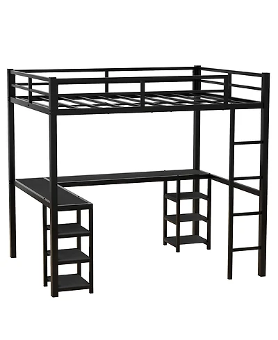 Full Metal Loft Bed with Desk and Shelves, Loft Bed with Ladder and Guardrails, Loft Bed Frame for Bedroom, Black with black desk