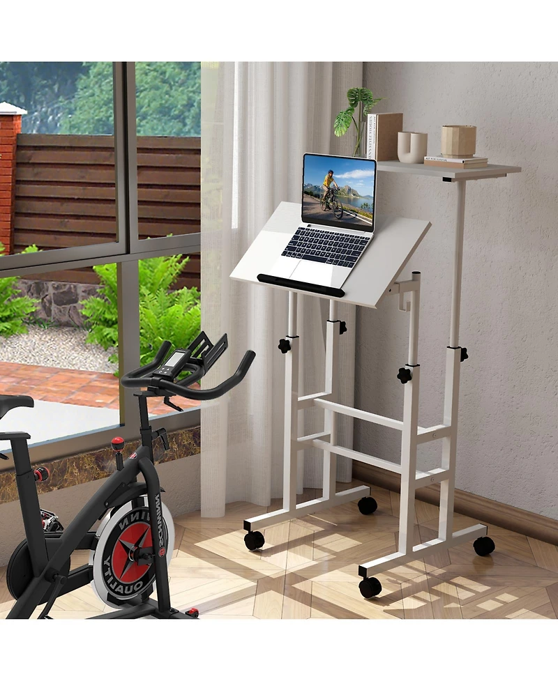 Mobile Standing Desk Height-Adjustable Laptop Cart with Split Top and Hanging Hooks