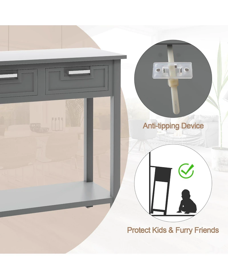Narrow Console Table with Drawers and Open Storage Shelf