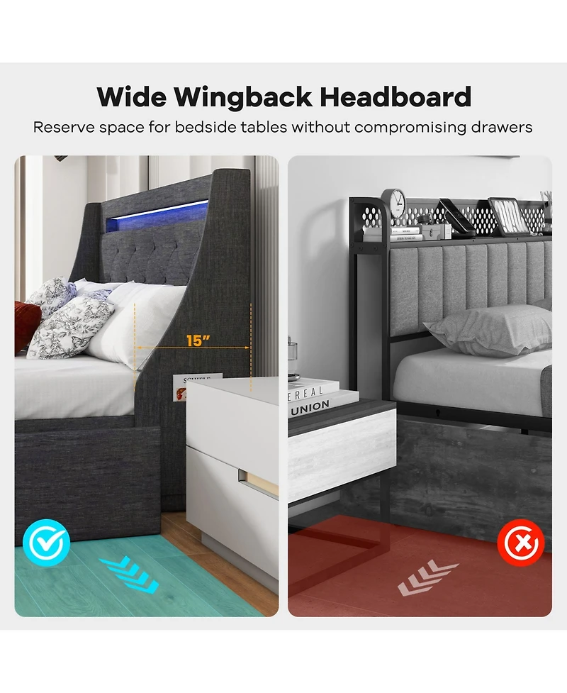 Full Size Bed Frame with Led Lights Wingback Headboard and Charging Station