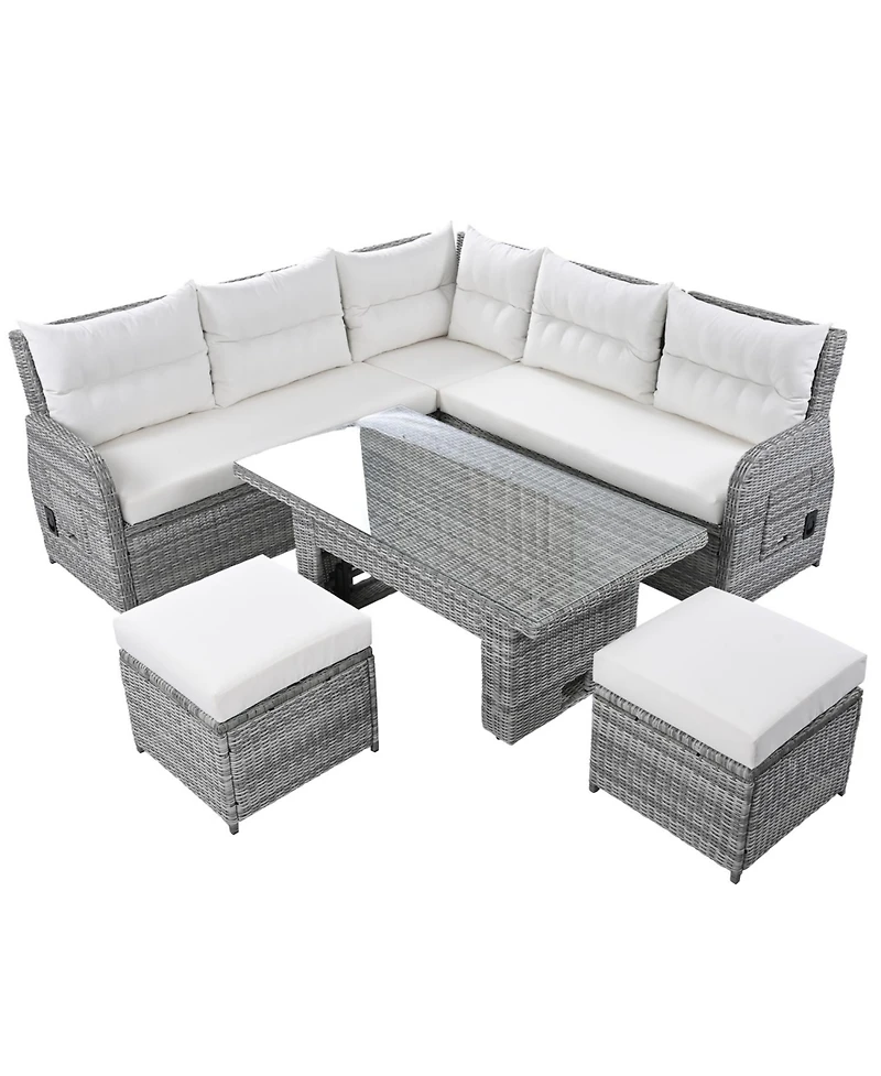 Streamdale Patio Rattan Furniture Set, Adjustable Table, Recliners, Ottomans, Beige