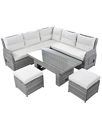 Streamdale Patio Rattan Furniture Set, Adjustable Table, Recliners, Ottomans, Beige