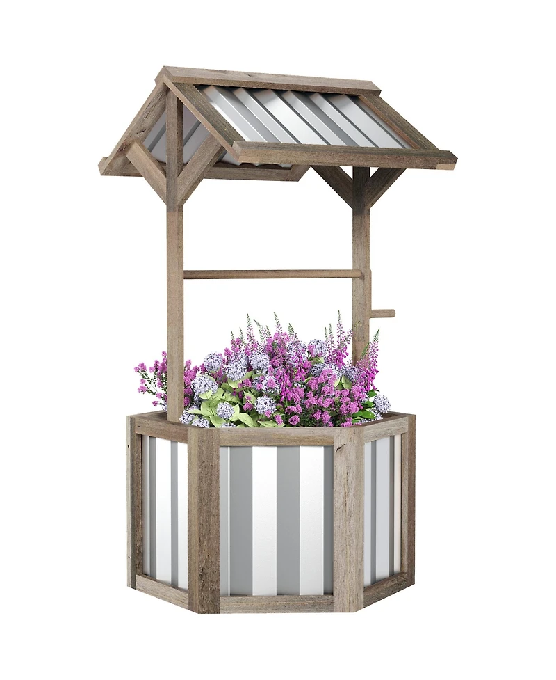 Outsunny Wooden Wishing Well Planter with Galvanized Canopy, Light