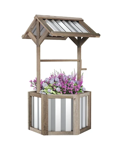 Outsunny Wooden Wishing Well Planter with Galvanized Canopy, Light