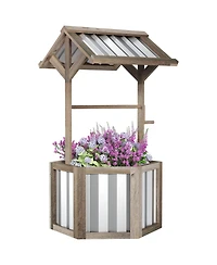 Outsunny Wooden Wishing Well Planter with Galvanized Canopy, Light