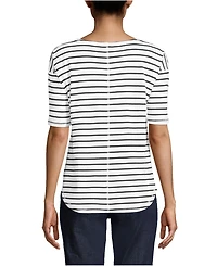 Lands' End Women's Supima Micro Modal Elbow Sleeve Balletneck Curved Hem Stripe Top