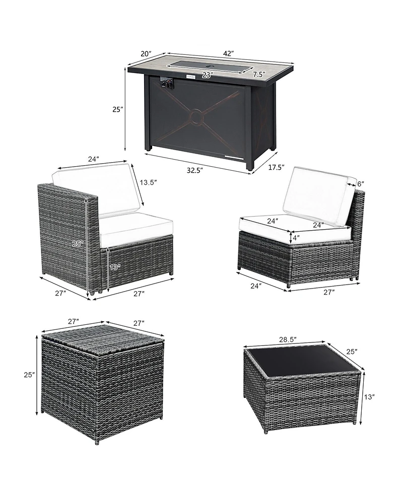 Gymax 9 Pcs Patio Rattan Furniture Set Fire Pit Table Storage Grey W/ Cover