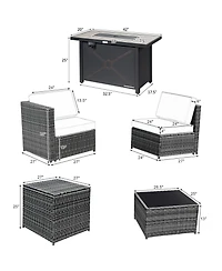 Gymax 9 Pcs Patio Rattan Furniture Set Fire Pit Table Storage Grey W/ Cover