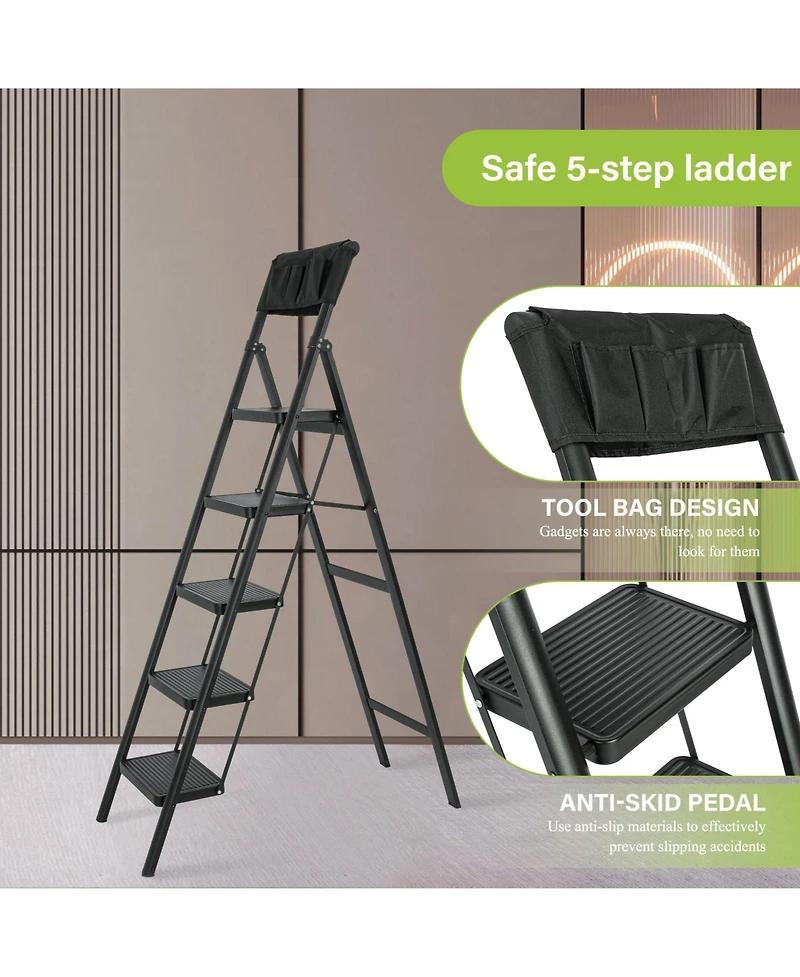 5 Step Ladder Steel Folding Step Stool Ladder with Tool Bag,330 lbs. Load Capacity