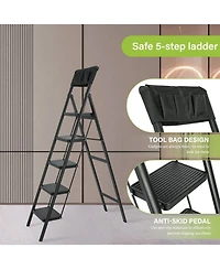 5 Step Ladder Steel Folding Step Stool Ladder with Tool Bag,330 lbs. Load Capacity