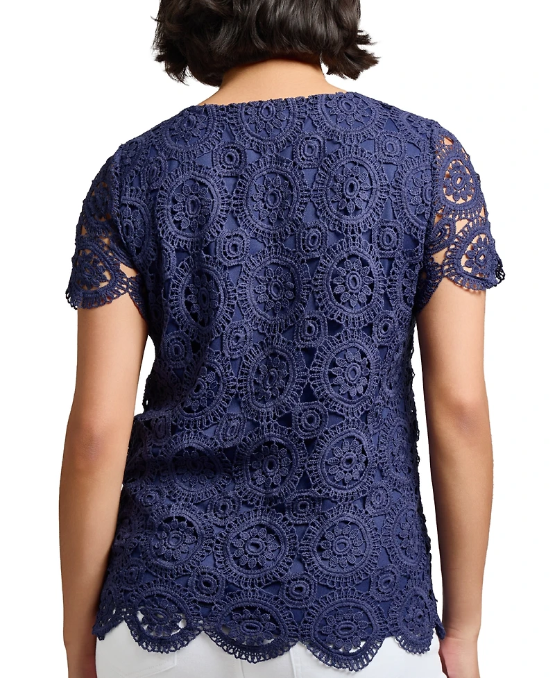 Jones New York Women's Lace Scalloped Short-Sleeve Top